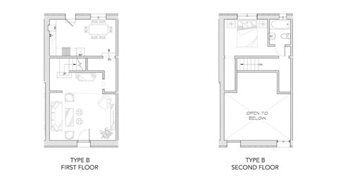 Two floor plans for a Type B apartment are shown, one for the first floor and one for the second floor.
